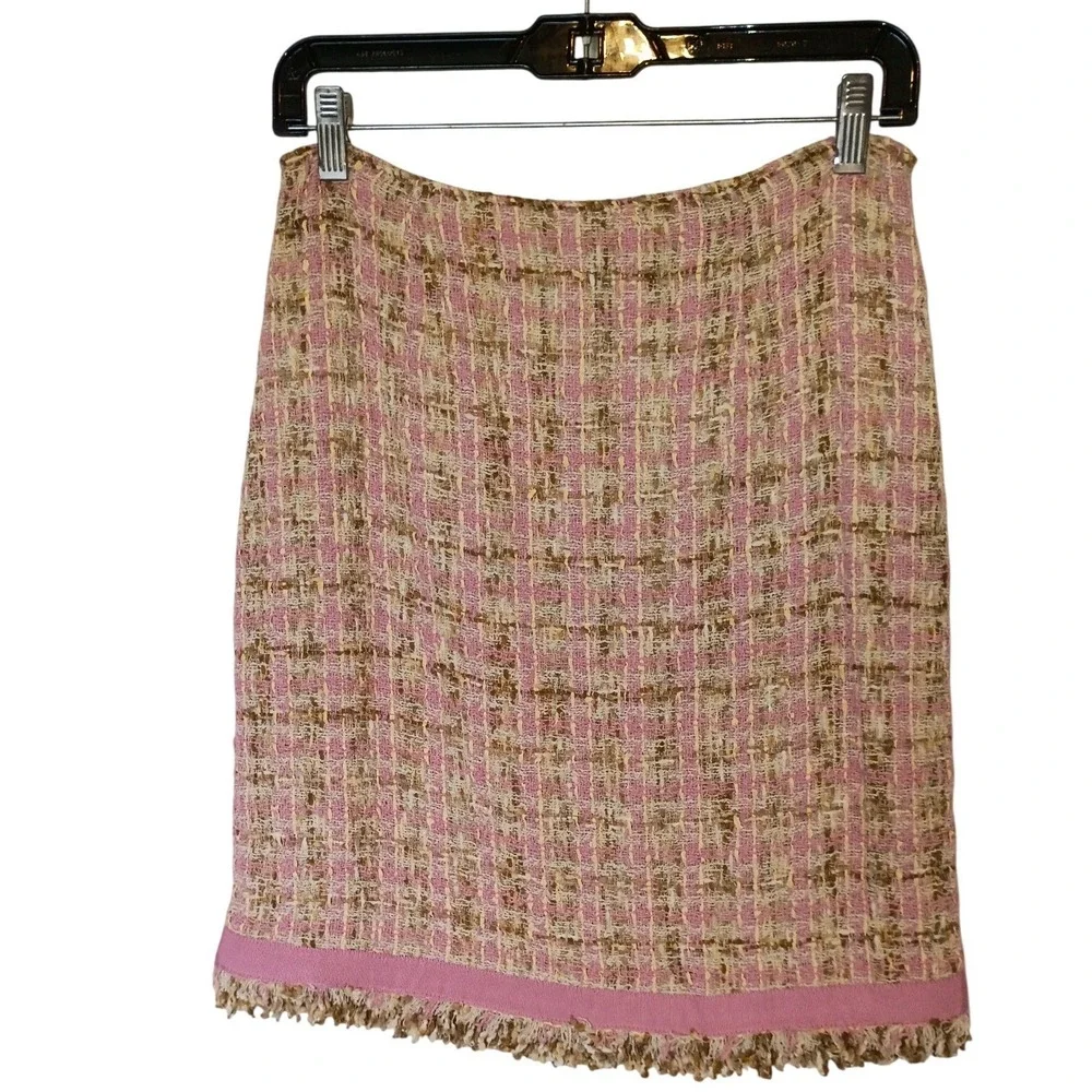 JÔN Pink Tweed Skirt Suit Set Jacket 10 Skirt 6 Fringe Trim‎ Bow